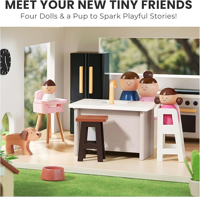 Dollhouse with Realistic Design, Wooden Dollhouse with 53Pcs